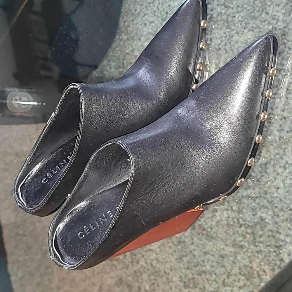 Celine Black Leather Mules with Stud Accents
